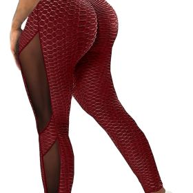 Honeycomb Mesh Contrast Leggings, Sporty Skinny High Waist Lifting Yoga Leggings, Women's Clothing (Color: Burgundy)